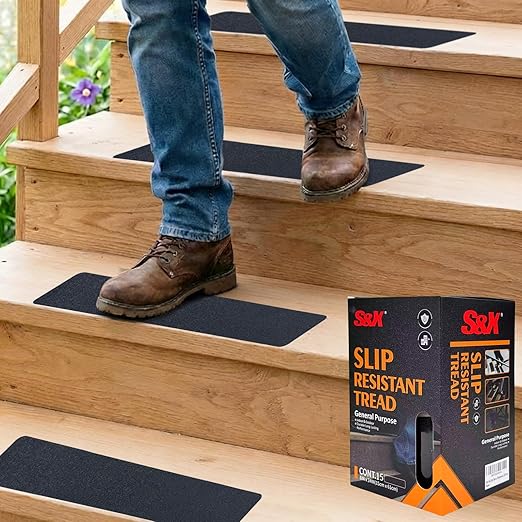 S&X Outdoor Stair Treads Non-Slip Tape 15-Pack Pre-Cut 6"x24" for Wooden Steps, High Traction Grip, Anti-Slip, Weather-Resistant, Black