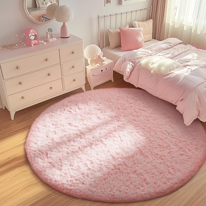 Ophanie Round Rugs 6Ft Pink Circle Area Rug, Fuzzy Bedroom Carpet, Large Shag Plush Floor Kawaii Christmas Living Room Rugs 6 Foot,Cute Room Decor for Kids Teen Girls Baby Home Aesthetic,Nursery
