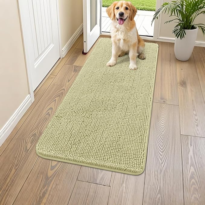 Smiry Dog Door Mat for Muddy Paws 47x24, Absorbent Dirt Trapper, Non-Slip Washable Chenille Entryway Rug for Inside Floor, Vanilla, Classic Solid