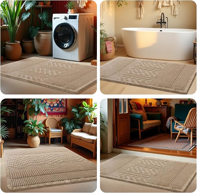 Waffle Bath Mat, Boho Woven Modern Bath Rug Absorbent Non Slip, Ultra Soft Bathroom Mats, Machine Washable Knit Bath Rugs Vertical Stripes with Ripples for Bathroom, Bedroom, Shower, 32"x20", Beige