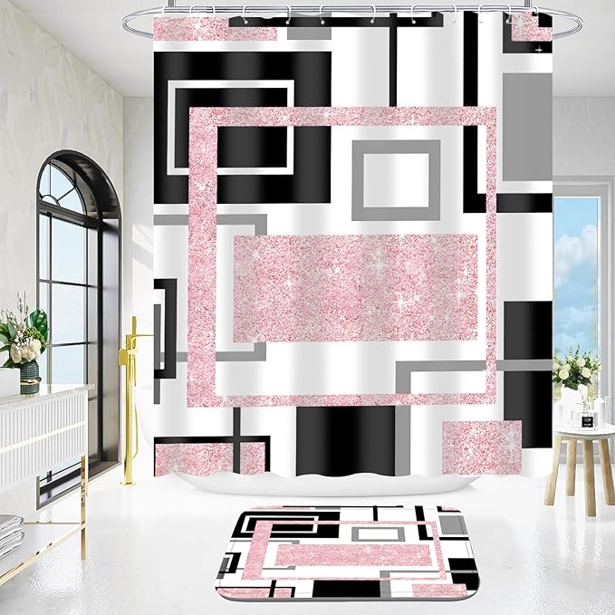 Yddsky 4 Pcs Pink Geometric Shower Curtain Sets Non-Slip Bath Rugs, Bathroom Accessories,Bathroom Sets with Shower Curtain and Rugs, Pink Geometric Modern Bathroom Decor with 12 Hooks