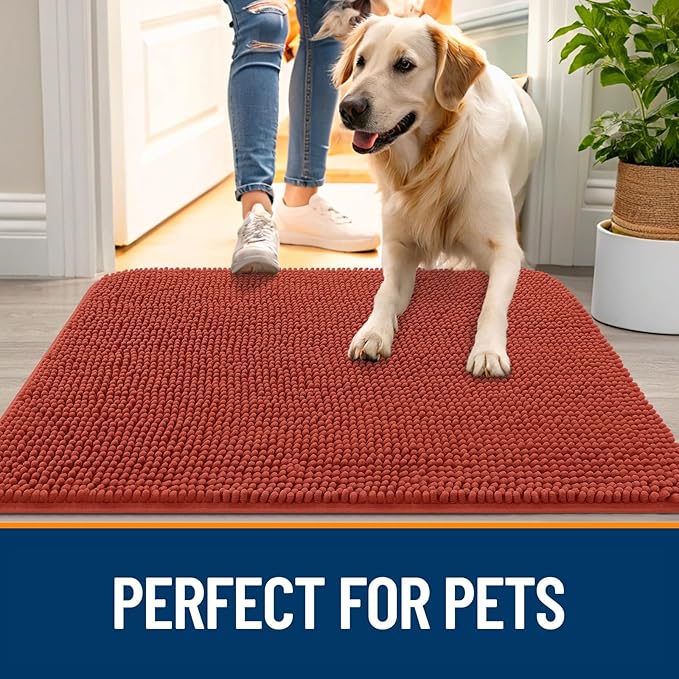 OLANLY Dog Door Mat for Muddy Paws 59x24, Absorbs Moisture and Dirt, Absorbent Non-Slip Washable Doormat, Quick Dry Chenille Mud Mat for Dogs, Entry Indoor Entryway Carpet for Inside Floor, Maple Red