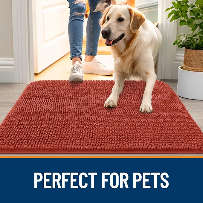 OLANLY Dog Door Mat for Muddy Paws 30x17, Absorbs Moisture and Dirt, Absorbent Non-Slip Washable Doormat, Quick Dry Chenille Mud Mat for Dogs, Entry Indoor Entryway Carpet for Inside Floor, Maple Red