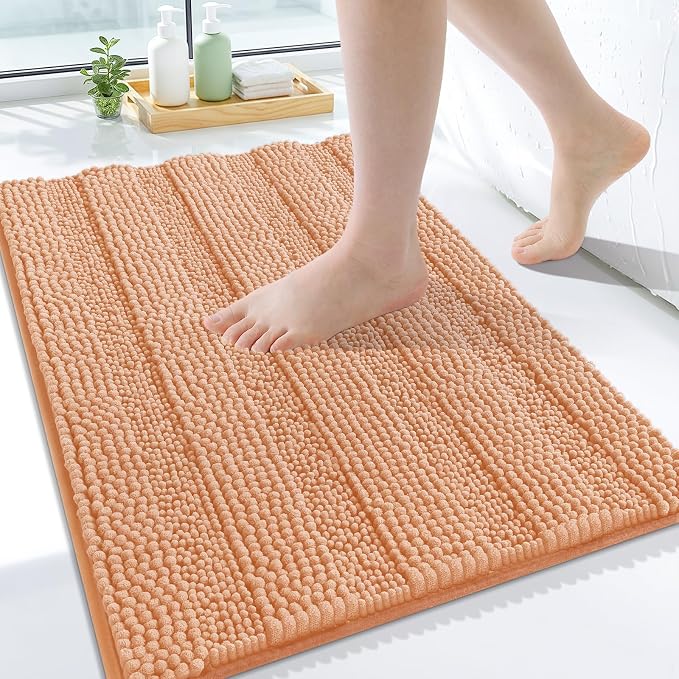 Grandaily Chenille Striped Bathroom Rugs 24x16, Extra Thick and Soft Absorbent Bath Mats, Rubber Backing, Plush Shaggy Shower Carpet, Machine Wash Dry, Bath Rug for Bathroom, Peach
