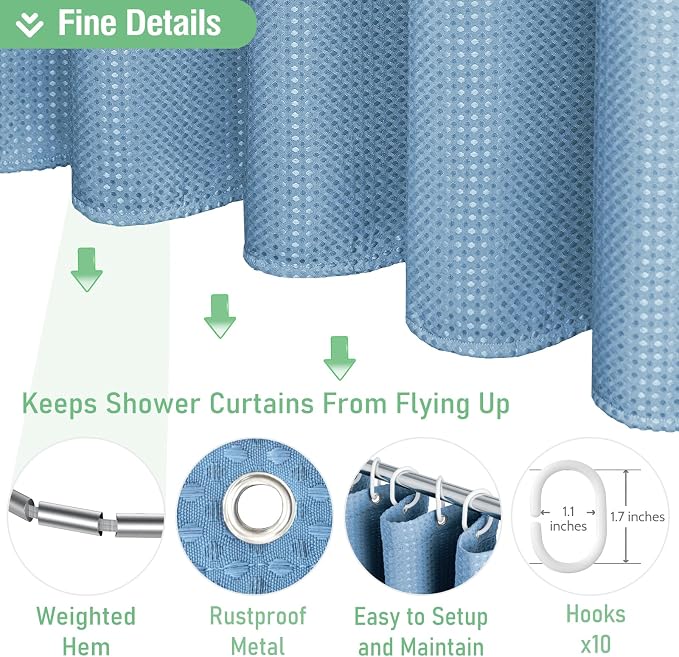 Dynamene 60 inch Stall Shower Curtain - Waffle Weave Heavy Duty Thick Fabric Shower Curtains for Bathroom,Weighted Hotel Spa Luxury Cloth Bath Curtain Set with 10 Plastic Hooks,60x72, Moonlight Blue