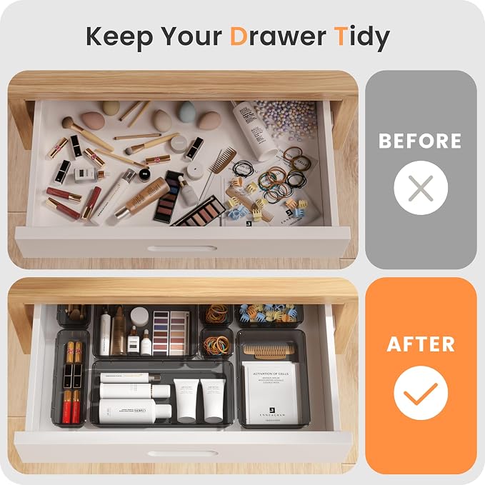 A-LuGei 【Military Grade Drawer Organizer, 【𝟱𝗦𝗶𝘇𝗲】 Makeup organizer, 【Holds 177 Items】 Bathroom Organizers and Storage, Organization and Storage, Desk Drawer Organizer for Vanity (Clear Black)