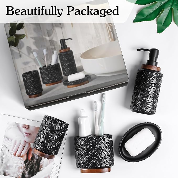 RQYIXI Elegant 4 PCS Ceramic&Wood Bathroom Accessories Set:Soap Dispenser,Toothbrush Holder,Tumbler,Soap Dish,Easy to Clean,Quatrefoil Pattern,Black-Affordable Luxury for Home Decor Enthusiasts