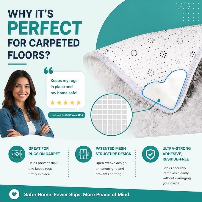 20 PCS Carpet-to-Carpet Rug Corner Grippers, Cloth-Backed Non Slip Pads for Area Rugs Over Carpet, Double-Sided Rug Stoppers Prevent Sliding, Curling & Bunching, Keep Rug Corners Flat (Patented Mesh)
