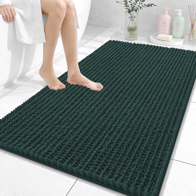 OLANLY Bathroom Rug Mat 44x32, Thick Soft and Absorbent Chenille Bath Mat, Non-Slip Rubber Backing, Machine Washable Quick Dry Bath Rugs for Tub Shower Floor, Home Decor Accessories, Blackish Green