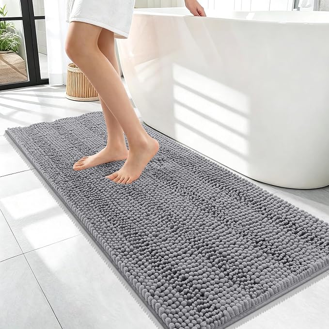 OLANLY Thick Bathroom Runner Rugs 47x17, Extra Absorbent Chenille Striped Bath Rugs, Rubber Backing, Machine Wash Dry, Long Bath Mats for Bathroom Floor, Tub and Shower, Home Decor Accessories, Grey