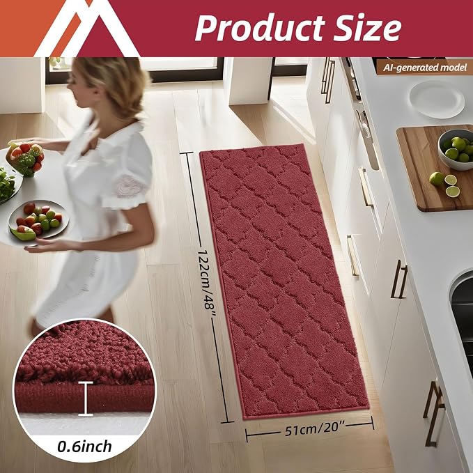 COSY HOMEER-Kitchen-Rugs 20"x48" Non-Slip Absorbent Soft Kitchen Runner Rug Polyester Kitchen Mats for Floor Washable Kitchens Standing Floor Mat for Sink Mat,Hallway,Laundry,Red