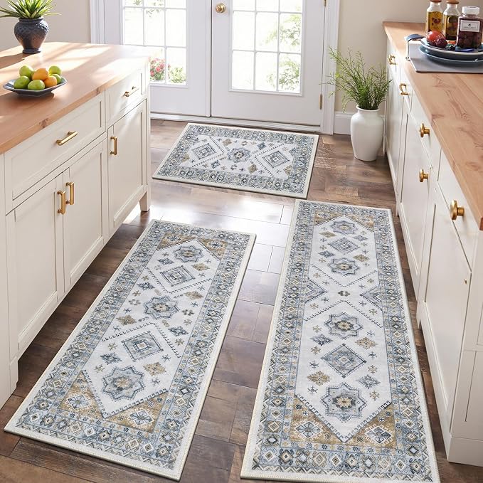 HEBE Boho Kitchen Rug Sets 3 Piece with Runner Non Slip Kitchen Rugs and Mats Washable Kitchen Mats for Floor Thick Kitchen Floor Mat Carpet Runner Rugs for Hallway Laundry Holiday Decor