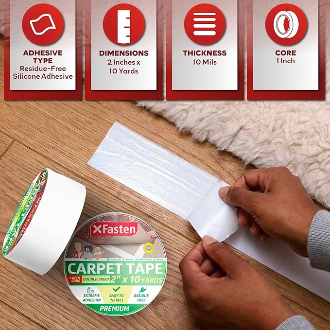 XFasten Double Sided Carpet Tape for Area Rugs, 2 Inch x 10 Yards 1-Inch Core – Heavy Duty Anti Slip Rug Grip Tape, Works as Rug Gripper, Wood Safe, Easy Removal for Hardwood and Laminate Floors