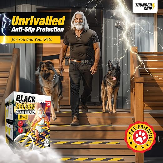 Black and Yellow Non Slip Strips for Steps 30" x 4" 12-Pack Outdoor Stair Treads - Waterproof Anti Slip Grip Tape for Safety Walk - Strong Adhesive Caution Tape for Floor and Ramps by Thunder Grip