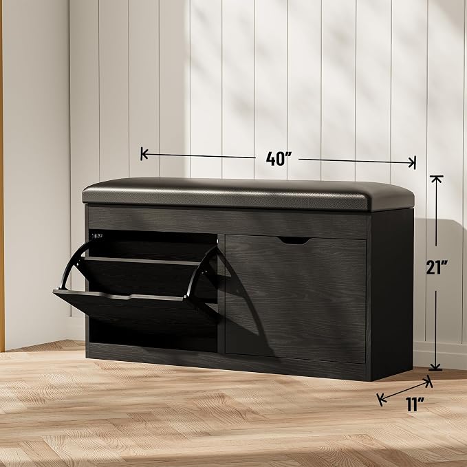 40" Shoe Storage Bench with Flip Drawers Padded Seat Cushion, Shoe Cabinet with Lift Top Storage Box, Shoe Bench Shoe Organizer for Entryway, Hallway, Living Room, Black