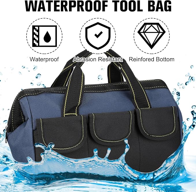 Sanwuta 3 Pack Tool Bag for Men with Waterproof Hard Bottom, Heavy Duty Tool Bag Wide Mouth Tote for Various Instrument, Electrician Carpenter Mechanic(Blue, Red, Yellow,18 Inch,Classic)