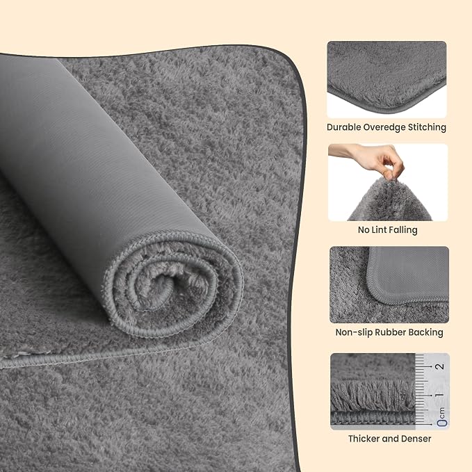 TECHMILLY Shaggy Bathroom Rug Mat 32x20, Absorbent Thick Non Slip Microfiber Mats, Quick Dry Machine Washable Bath Rug for Bathroom Floor, Bathtub and Shower, Gray