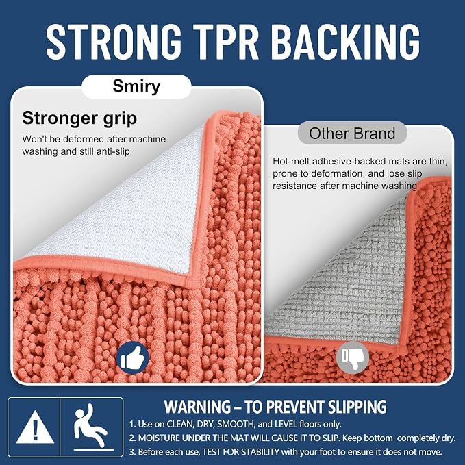 Smiry Bathroom Rugs Mat 44x24, Extra Soft Absorbent Chenille Bath Rugs, Non Slip Rubber Backing Machine Washable Quick Dry Bath Mats for Bathroom Floor, Tub, Shower, Home Decor Accessories, Coral