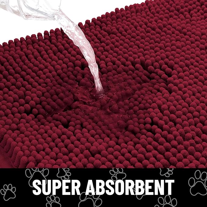 Smiry Dog Door Mat for Muddy Paws, Absorbent Dirt Trapper Non Slip Quick Dry Washable Chenille Mat for Mud Dogs, Entry Rug for Indoor and Outdoor (47x24 Inches, Burgundy and White)