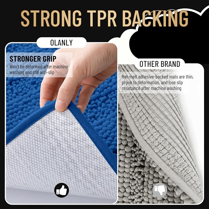 OLANLY Thick Bathroom Rugs 30x20, Extra Absorbent Chenille Striped Bath Rugs, Rubber Backing, Machine Wash Dry, Bath Mats for Bathroom Floor, Tub and Shower, Home Decor Accessories, Deep Navy Blue