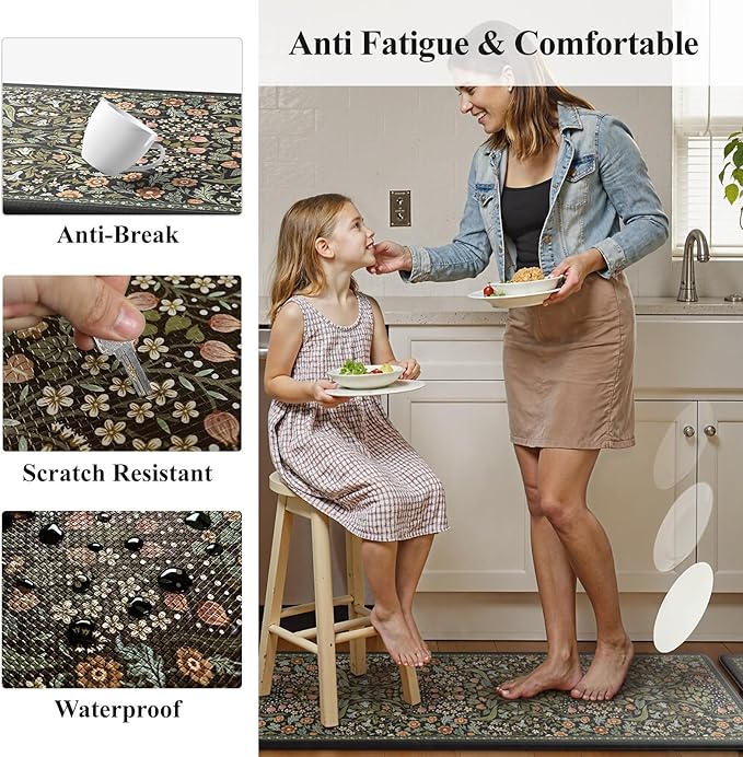Collive Anti Fatigue Mats for Kitchen Floor, Cushioned Comfort Kitchen Rugs Sets of 2 Waterproof Non Skid Padded Sink Rugs, Boho Floral Rug Black Standing Mat for Office, Laundry