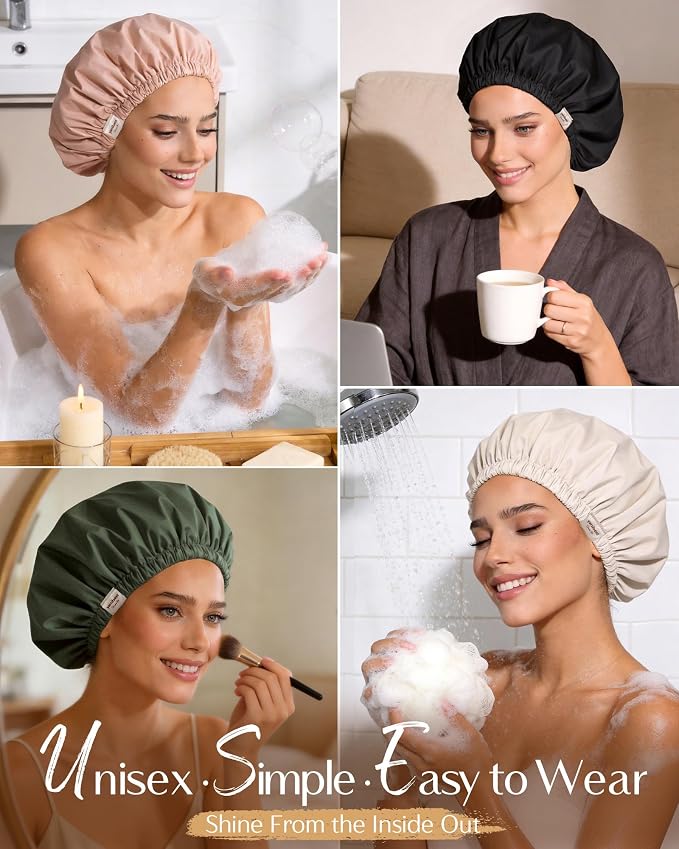 Yanibest Satin Lined Shower Cap for Women Reusable Waterproof, Frizz Free & Large Bath Cap with Soft Elastic Band, Luxury Hair Protection Caps (Peachy Pink)