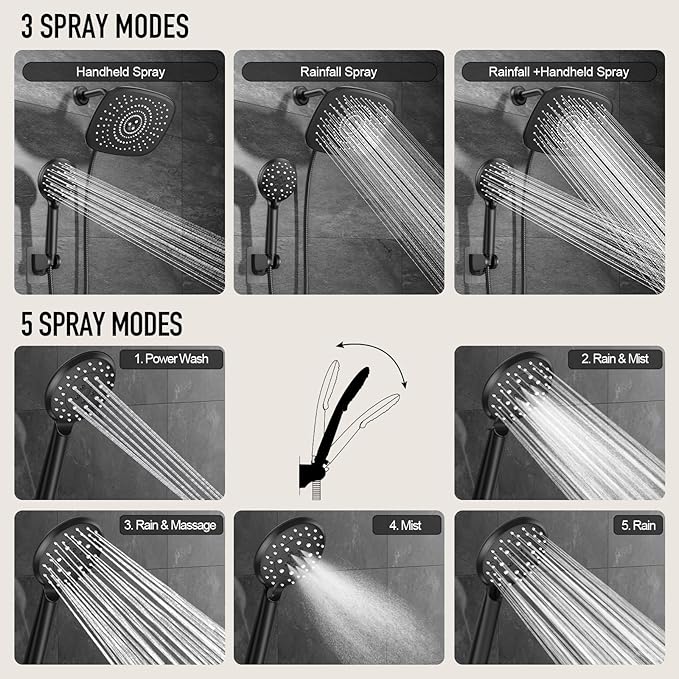 Veken Rain Shower Head with Handheld, High Pressure Rainfall Showerhead Combo with 5 Hand held Water Spray Modes for Bathroom Accessories, Detachable Dual Shower Heads, Matte Black, 10 Inch