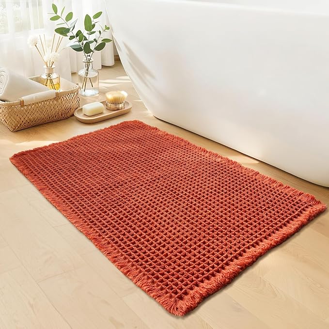 Waffle Bath Mat - Boho Bathroom Rugs Non Slip Washable, Super Absorbent & Quick Dry, Soft Bath Mat Farmhouse Bathroom Decor, 24'' x 36'', Dirty Orange
