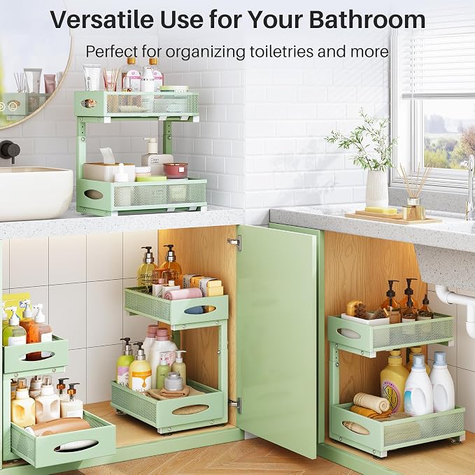2 Pack Under Sink Organizer, 2 Tier Pull out Cabinet Organizer Mesh Baskets with 5 Adjustable Heights, Sliding Drawers Storage Shelf for Home, Kitchen, Bathroom, Pantry, Office, Countertop ,Green