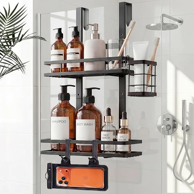 Over the Door Shower Caddy Hanging, Rustproof Shower Shelves with Waterproof Phone Pouch, 2-Tier Adjustable Bathroom Organizers and Storage, No Drilling Shower Shelf, Black Shampoo Soap Holder