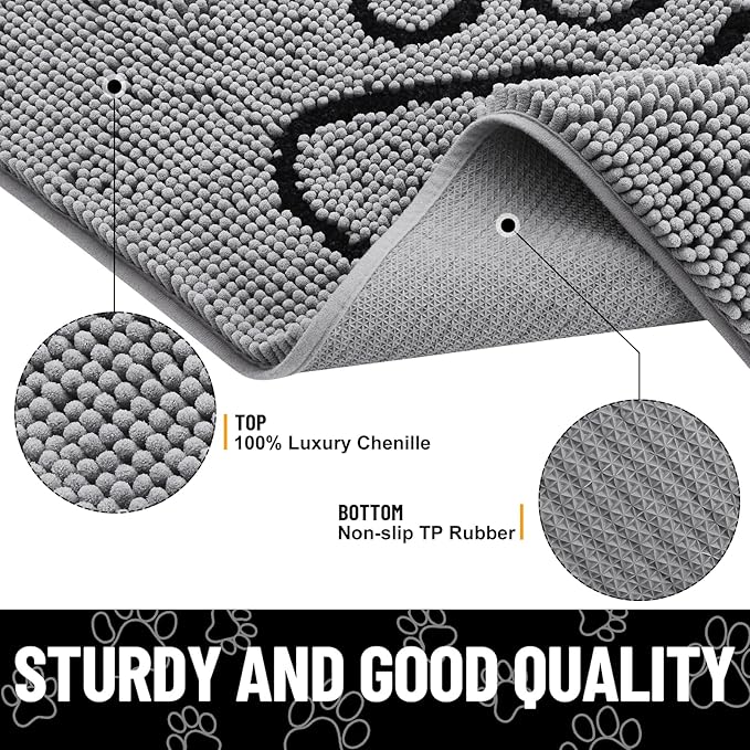 Smiry Dog Door Mat for Muddy Paws, Absorbent Dirt Trapper Non Slip Quick Dry Washable Chenille Mat for Mud Dogs, Entry Rug for Indoor and Outdoor (24x16 Inches, Grey and Black)