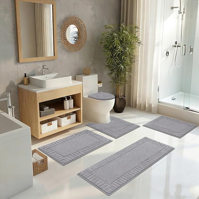 Pauwer Bathroom Rugs Set 5 Piece Non Slip Washable Bath Mat Set with U Shaped Contour Toilet Rugs Plush Absorbent Microfiber Shower Mat and Toilet Lid Cover for Bathroom, Light Grey