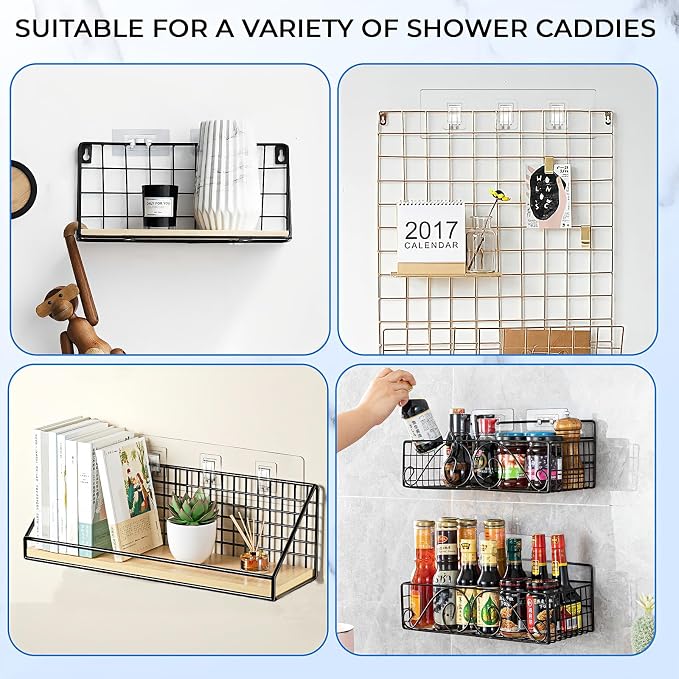Shower Caddy Adhesive Replacement Hooks, Heavy Duty Waterproof Strips, No Drilling for Bathroom Shelves, Kitchen Racks, and Soap Holders (Transparent-6 Pack 1&3 Hook)