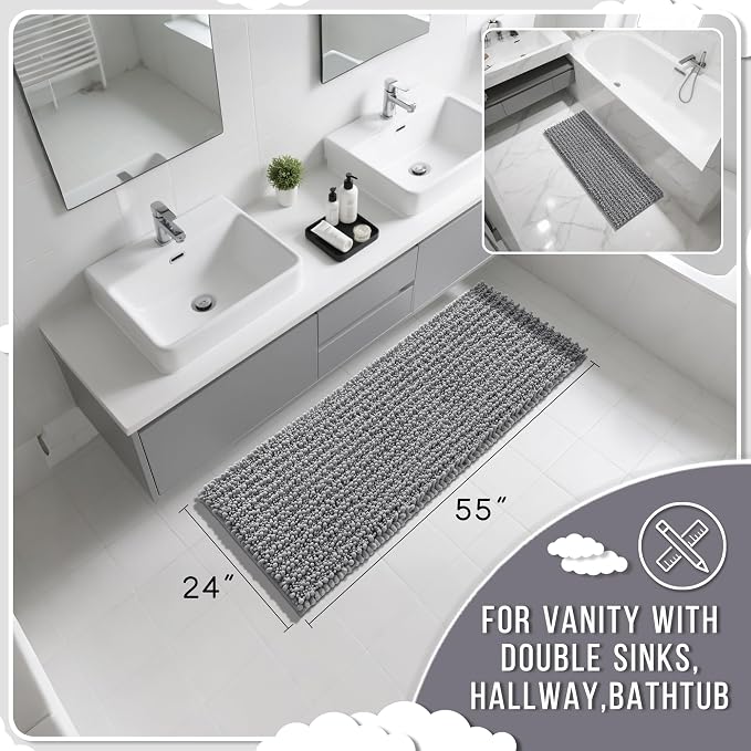 Yimobra Bathroom Runner Rug 55x24 Inch - Extra Long Non Slip Chenille Bath Mat, Soft & Absorbent, Machine Washable Shaggy Hallway Carpet for Vanity Tub Shower, Gray Home Decor Accessories