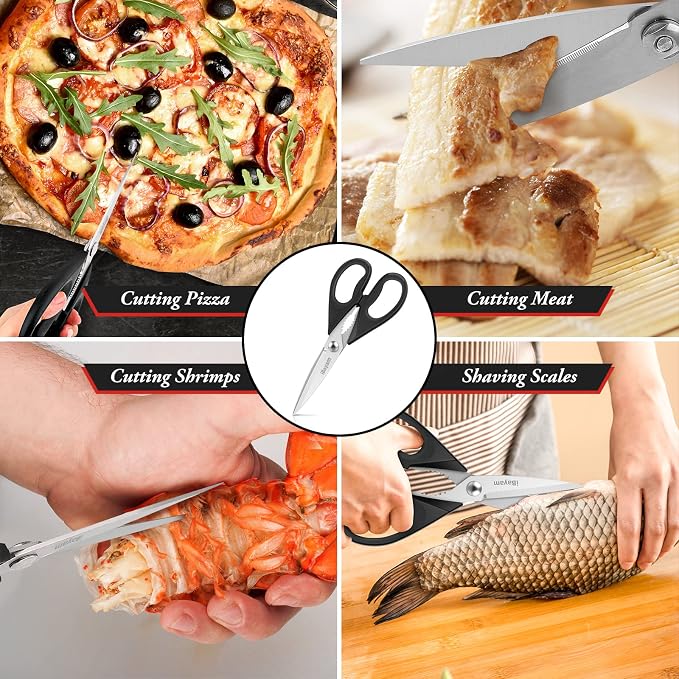 iBayam All Purpose Kitchen Scissors, Kitchen Shears with Protective Sheath Durable Stainless Steel Sharp Scissors, Dishwasher Safe, Soft Grip Handle for Cooking Food Herb Pizza Salad Seafood, 8.5 Inch
