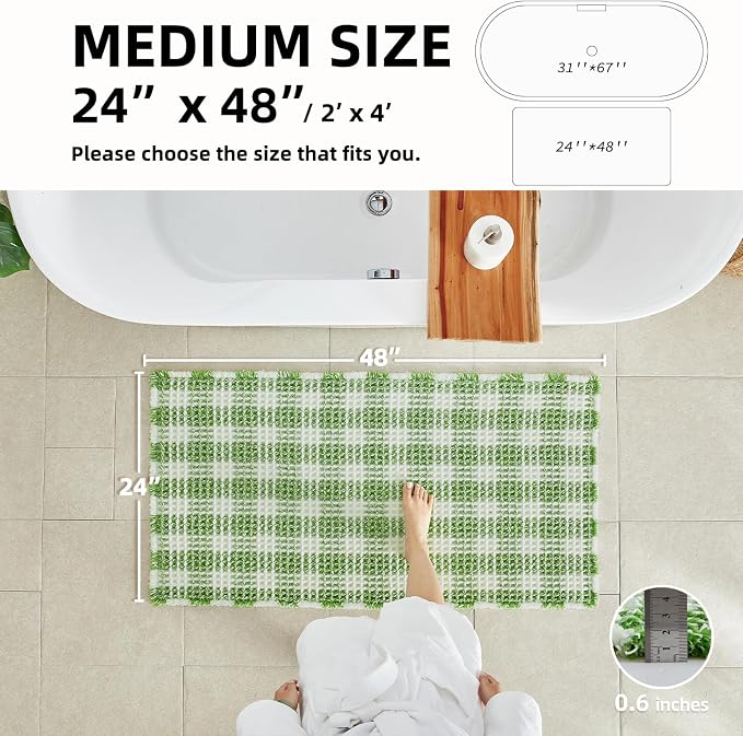 TYUU Waffle Bath Mat, Boho Bathroom Rugs Non Slip Washable Absorbent Checkered Bathroom Mat Quick Dry Cute Bath Mat, 48"x24" Green and White
