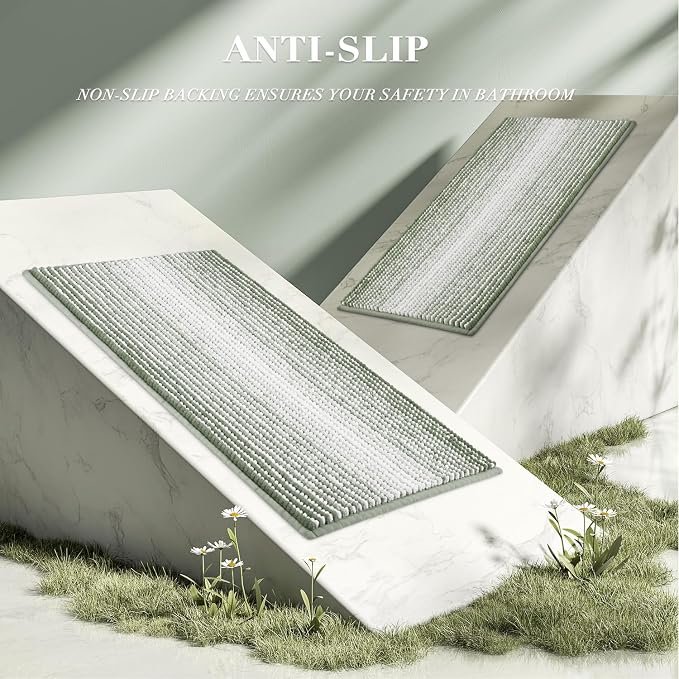 BSICPRO Bathroom Rugs and Mats Sets, 2 Piece Thick Absorbent Chenille Bath Mat Rug Set Non Slip, Soft Bath Room Floor Mats for Bathroom, Machine Washable (20" x 60" Plus 20" x 32",Greyish Green)
