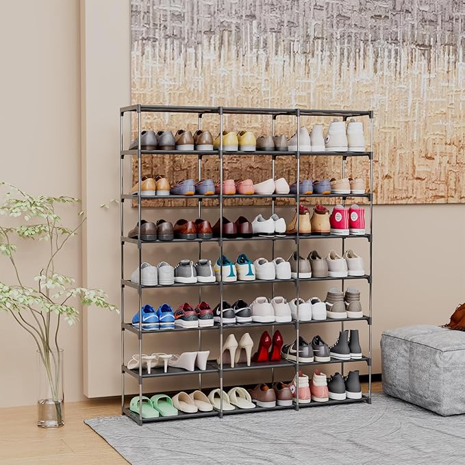 SMILHELTD Large Shoe Rack 3 Row 8 Tier for Entryway Organizer 48 Pairs, Tiered Sneaker Shelves with Dust-Proof Mats, Space Saving Storage for Garage Closet, DIY Assembly, 49.2" W x 50.8" H
