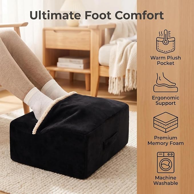 Foot Rest for Under Desk at Work, Office Footrest with Warm Feet Pocket,Ergonomic Under Desk Footrest with Washable Cover, Stool for Office Chair & Back &Pain Relief (Black+)