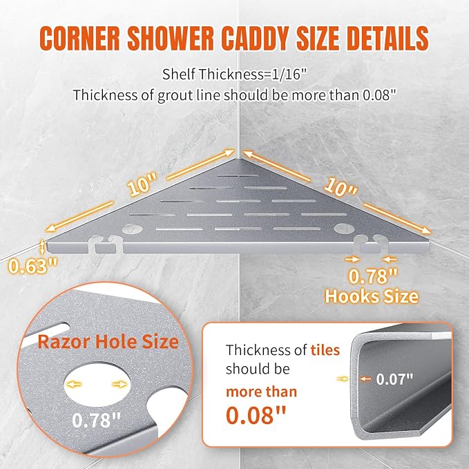 Shower Corner Shelf Organizer Rack with Hooks & Razor Hole, No Drilling Tile Shower Shelves, Rustproof Stainless Steel Bathroom Shelves Basket, Modern Corner Shelf for Bathroom, 2Pack-Silver