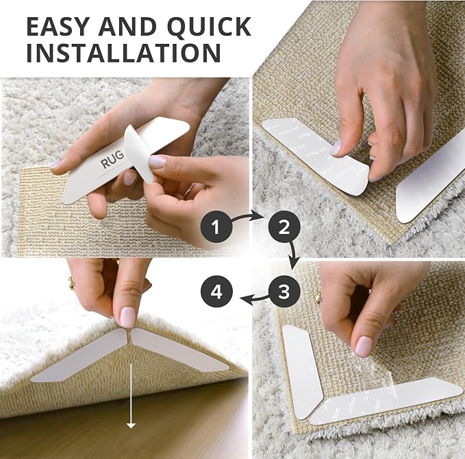 X-Protector Rug Tape - 8 Pcs Set - White Anti-Slip & Anti-Curling Carpet Tape for Hard Floors - Premium Rug Pad Gripper - Carpet Corner Grippers to Keep Your Carpet in Place & Make Corners Flat