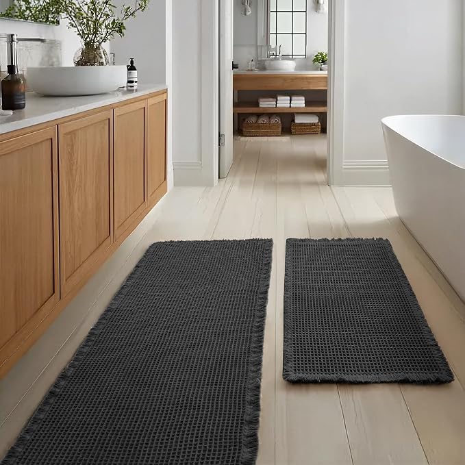 JIUZHEN Set of 2 Waffle Bath Mats Non Slip Waffle Bathroom Runner Rug Washable Boho Runner Bath Rugs Super Absorbent Shower Mat for Bathroom Kitchen Hallway Laundry, 20" x 32" +24" x 60", Black