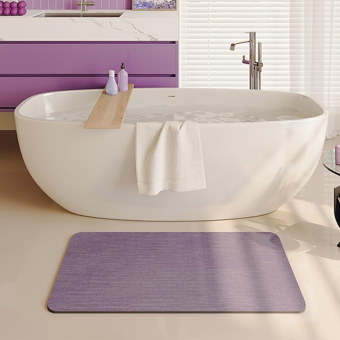 Mecko Bath Mat, Ultra Absorbent Quick Dry Bathroom Floor Mats-Rubber Non-Slip Thin Bathroom Rug Fit Under Door, Faux Suede Surface Shower Rug for Bathtub, Sink, Shower Room(Lavender Purple,24"x48")