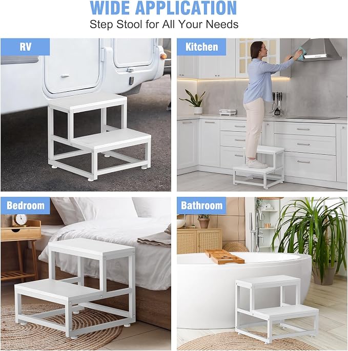 LIANTRAL 2 Step Stool for Adults Kids, Heavy Duty Sturdy Steel Frame with Wooden Steps, Bedside Foot Stool with 500lbs Load Capacity, Non-Slip Step Stool for High Bed, Kitchen, RV Step - White
