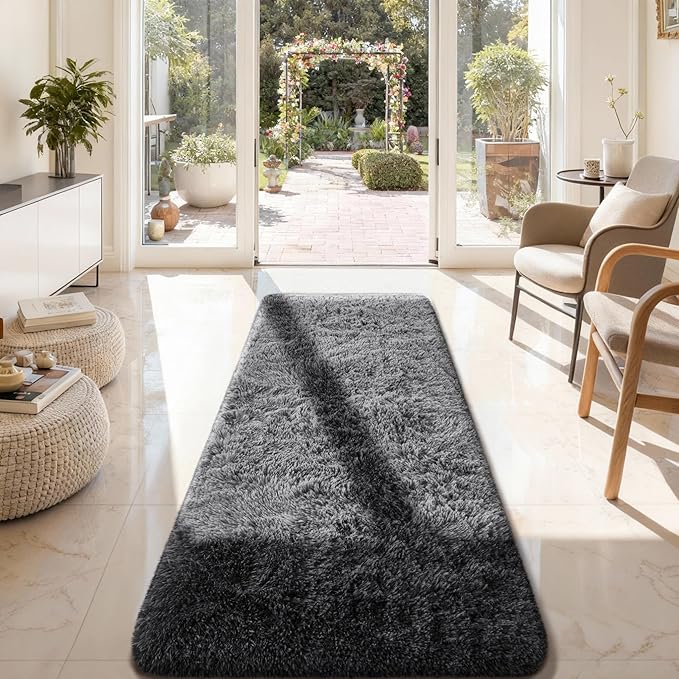 Ophanie Runner Rug for Hallway, 2x7 Washable Non-Slip Fluffy Soft Bedside Rugs, Bedroom Living Room Shaggy Carpet for Kids Girls Boys Dorm Nursery Home Decor Aesthetic, Grey