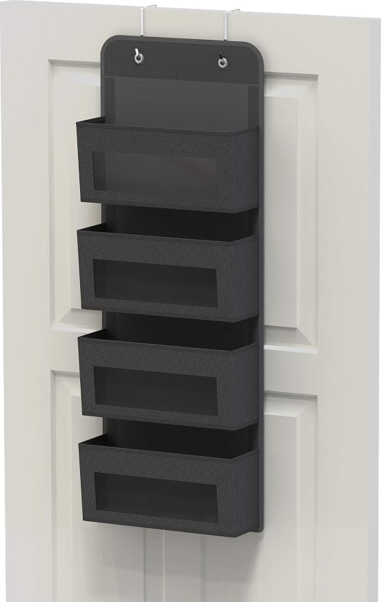 Simple Houseware 4 Clear Window Pocket Over Closet Door Storage Hanging Organizer for Bedroom, Bathroom, Pantry, Dark Grey