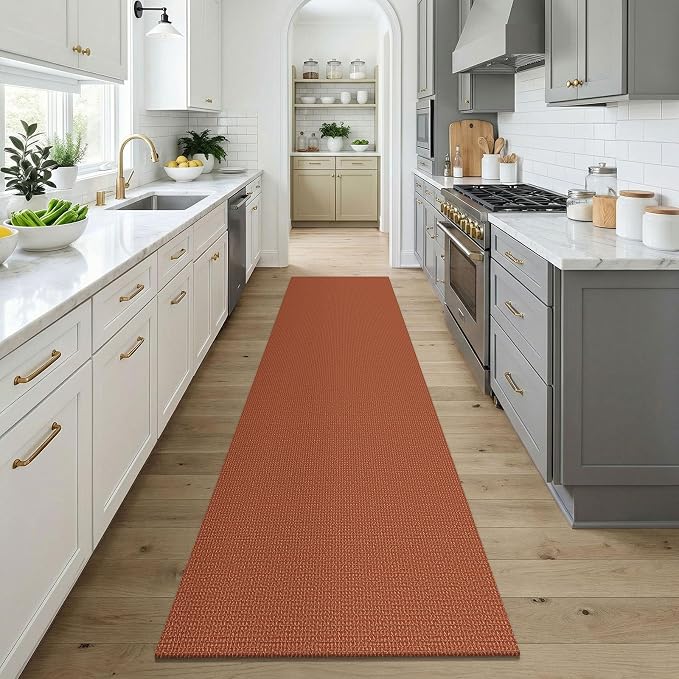 KOZYFLY Orange Runners for Hallway 3x9, Wide Washable Runner Rug, Woven Non Slip Kitchen Runner, Braided Entryway Rug, Floor Carpet for Foyer, Bedroom, Hall, Burnt Orange/Tan