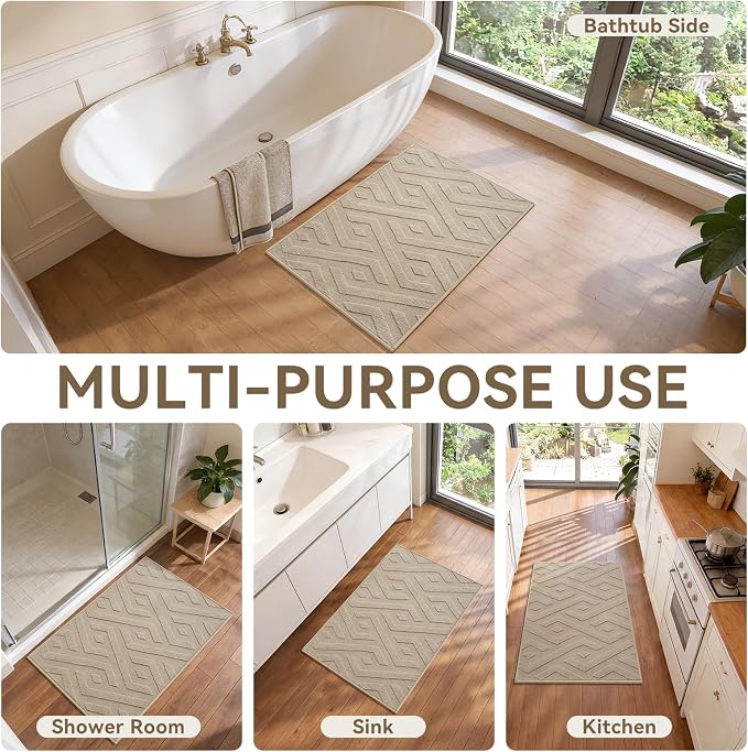 Non-Slip Bath Mat with Rubber Backing, 16x24-2pc Washable Thin Bath Mats for Bathroom Floor, Absorbent Bathroom Rugs, Quick Dry, Fits Under Door Brown