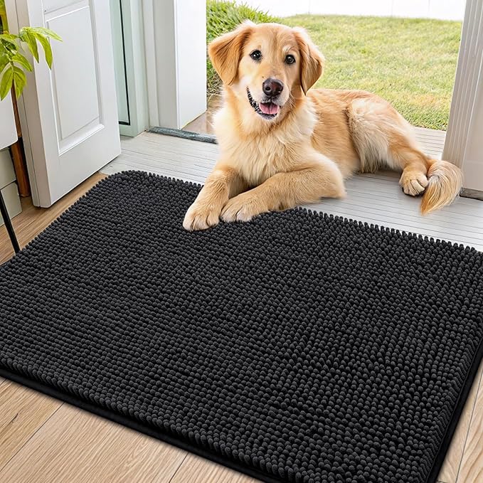 Smiry Dog Door Mat for Muddy Paws 40x24, Absorbent Dirt Trapper, Non-Slip Washable Chenille Entryway Rug for Inside Floor, Black, Classic Solid