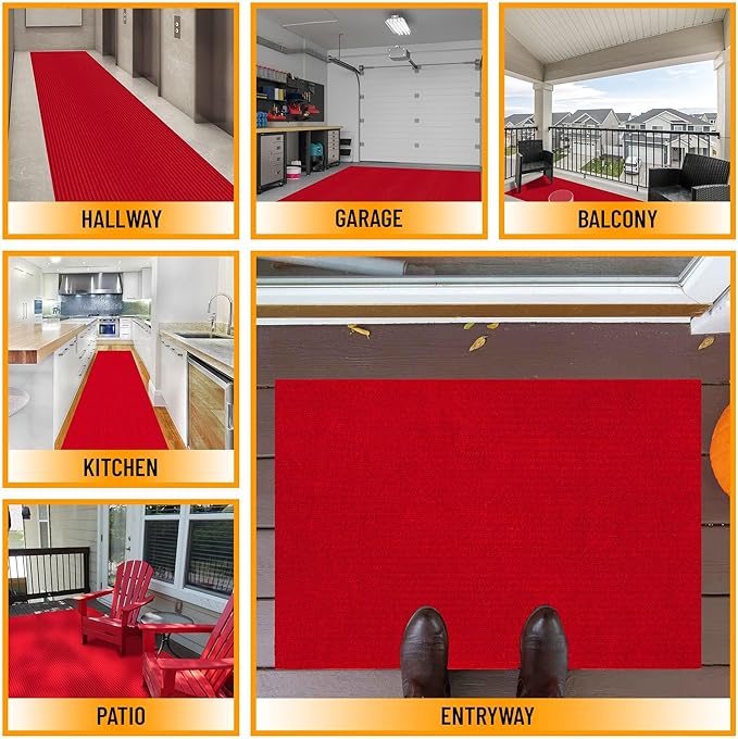 Ottomanson 2'7" x 49' Hallway Runner with Scraper Pile Extra Durable Non-Slip Rug Mat for Indoor & Outdoor Use - Ideal for Kitchen, Entryway, Patio & Garage - High-Traffic Carpet, Red